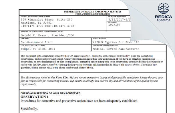 FDA 483 - Cardiocommand Inc. [Tampa / United States of America] - Download PDF - Redica Systems