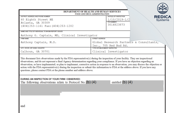 FDA 483 - Anthony Captain, M.D. [Calhoun / United States of America] - Download PDF - Redica Systems