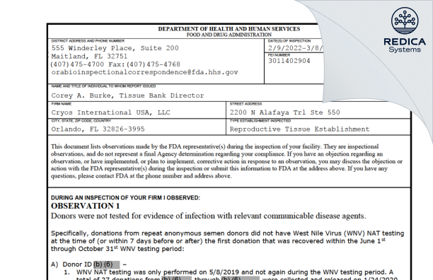 FDA 483 - Cryos International USA, LLC [Orlando / United States of America] - Download PDF - Redica Systems