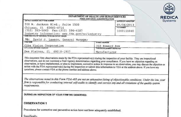 FDA 483 - Ciba Vision Corporation [Des Plaines / United States of America] - Download PDF - Redica Systems