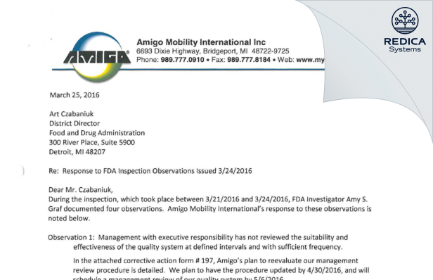 FDA 483 Response - Amigo Mobility International, Inc [Bridgeport / United States of America] - Download PDF - Redica Systems