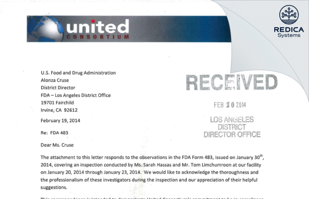 FDA 483 Response - United Consortium Inc [Valencia / United States of America] - Download PDF - Redica Systems