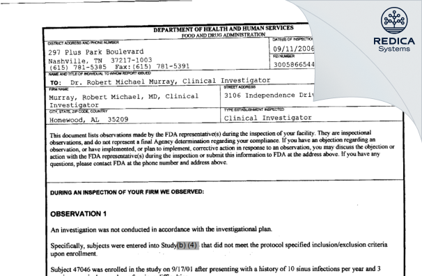 FDA 483 - Robert Michael Murray, MD [Birmingham / United States of America] - Download PDF - Redica Systems