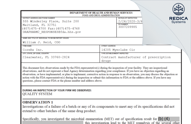 FDA 483 - CORERX, INC. [Florida / United States of America] - Download PDF - Redica Systems