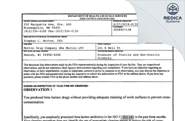 FDA 483 - Morton Drug Company dba Morton LTC [Neenah / United States of America] - Download PDF - Redica Systems