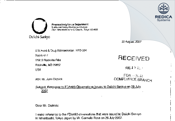 FDA 483 Response - Daiichi Sankyo Co.,Ltd. [Cho / Japan] - Download PDF - Redica Systems