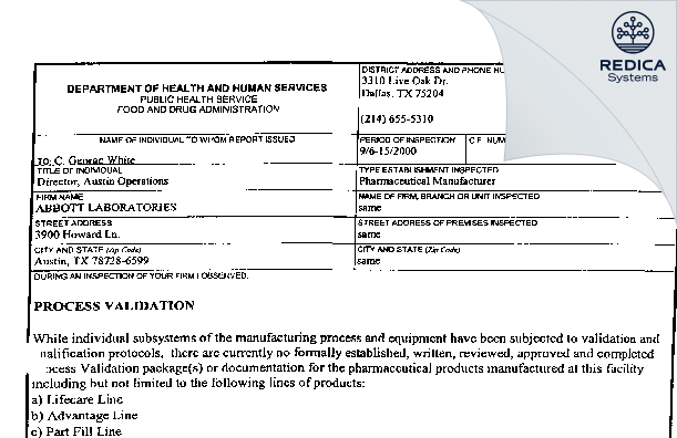 FDA 483 - Warren Laboratories, LLC [Abbott / United States of America] - Download PDF - Redica Systems