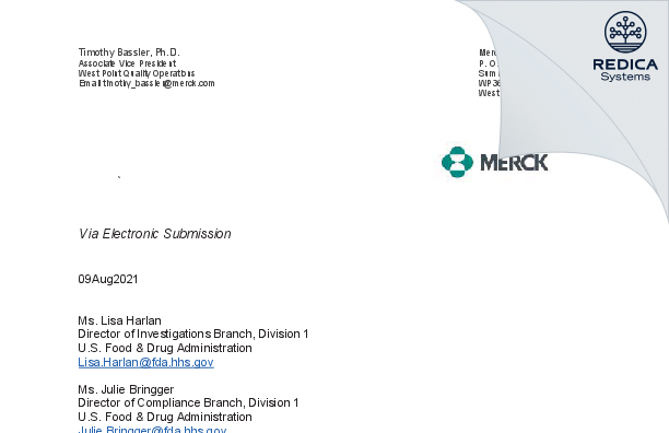 FDA 483 Response - Merck Sharp & Dohme LLC [West Point / United States of America] - Download PDF - Redica Systems