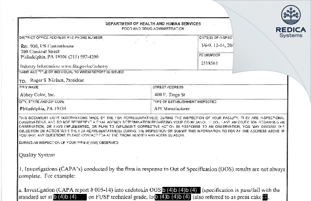 FDA 483 - Abbey Color Incorporated [Philadelphia / United States of America] - Download PDF - Redica Systems
