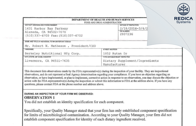 FDA 483 - Berkeley Nutritional Mfg Corp. [Livermore / United States of America] - Download PDF - Redica Systems