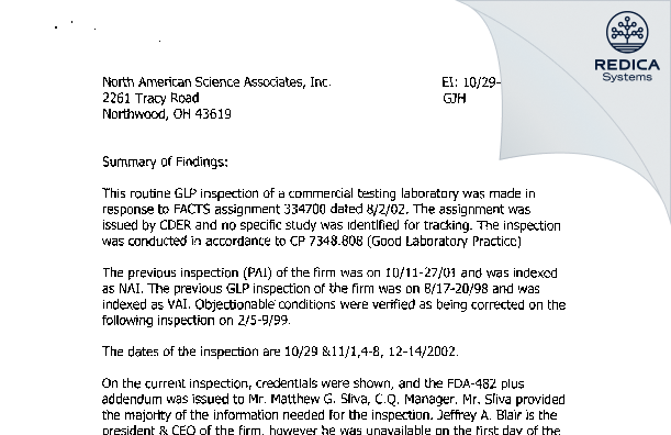 EIR - NAMSA, LLC [Northwood / United States of America] - Download PDF - Redica Systems