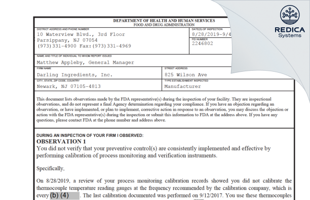 FDA 483 - Darling Ingredients, Inc. [Newark / United States of America] - Download PDF - Redica Systems