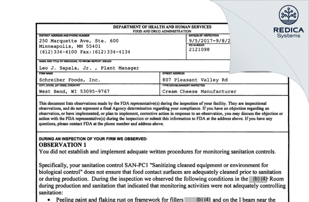 FDA 483 - Schreiber Foods, Inc. [West Bend / United States of America] - Download PDF - Redica Systems