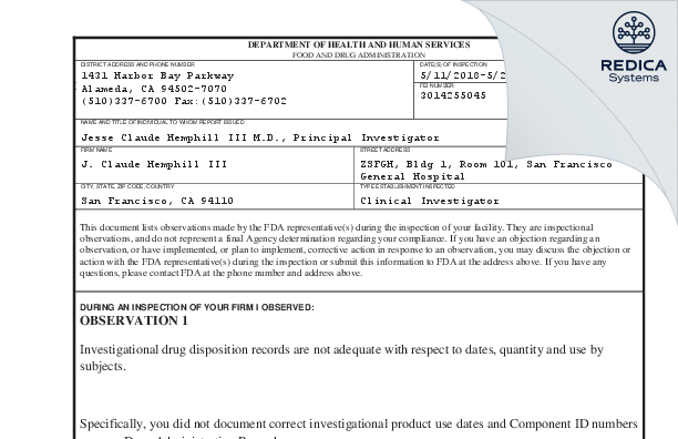 FDA 483 - J. Claude Hemphill III [San Francisco / United States of America] - Download PDF - Redica Systems