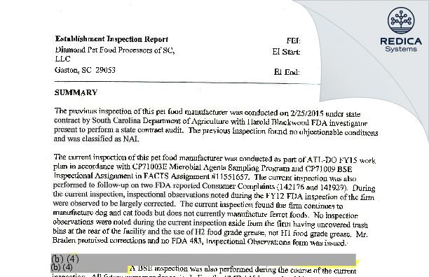 EIR - Diamond Pet Foods, LLC [Gaston / United States of America] - Download PDF - Redica Systems