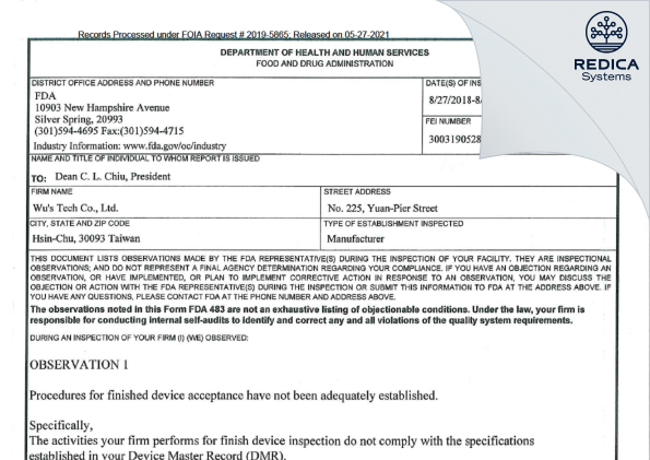 FDA 483 - Wu's Tech Co., Ltd. [Hsinchu City / Taiwan] - Download PDF - Redica Systems