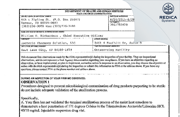 FDA 483 - Isomeric Pharmacy Solutions, LLC [Salt Lake City / United States of America] - Download PDF - Redica Systems