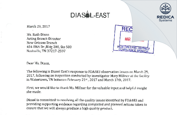 FDA 483 Response - Diasol East, Inc. [Watertown / United States of America] - Download PDF - Redica Systems