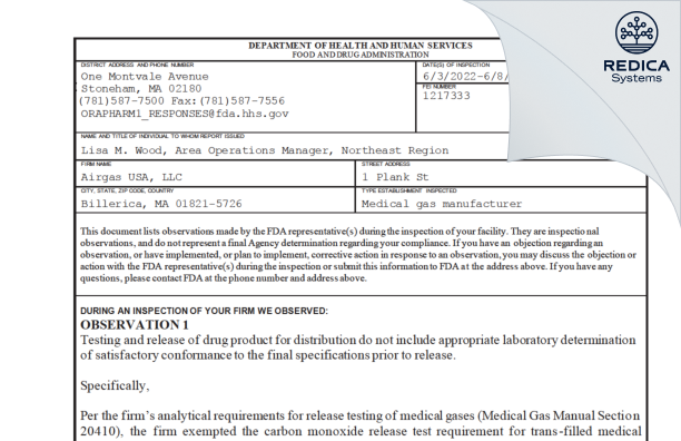 FDA 483 - Airgas Usa, LLC [Billerica / United States of America] - Download PDF - Redica Systems