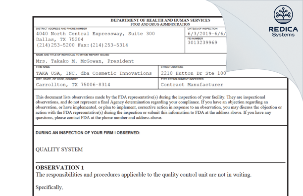 FDA 483 - Taka USA Inc. dba Cosmetic Innovations [Coppell / United States of America] - Download PDF - Redica Systems