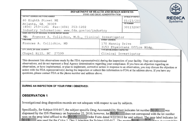 FDA 483 - Frances A. Collichio, MD [Chapel Hill / United States of America] - Download PDF - Redica Systems