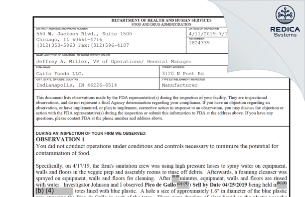 FDA 483 - Caito Foods LLC. [Indianapolis / United States of America] - Download PDF - Redica Systems