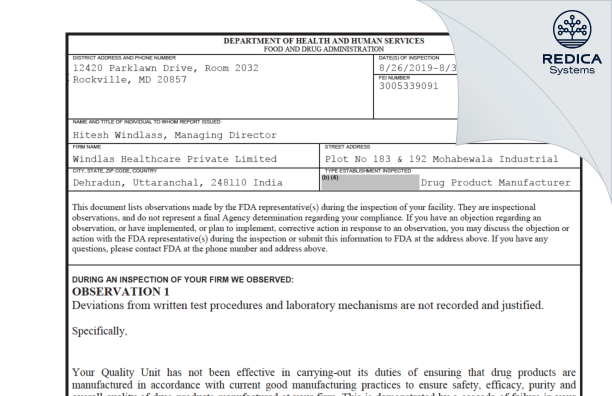 FDA 483 - WINDLAS BIOTECH LIMITED [India / India] - Download PDF - Redica Systems