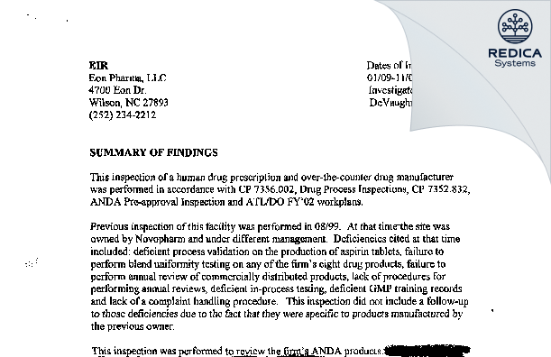 EIR - Eon Labs, Inc. [Wilson / United States of America] - Download PDF - Redica Systems