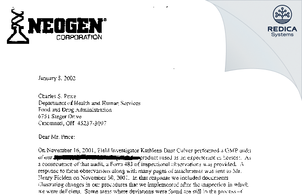 FDA 483 Response - Neogen Corporation [Lexington / United States of America] - Download PDF - Redica Systems