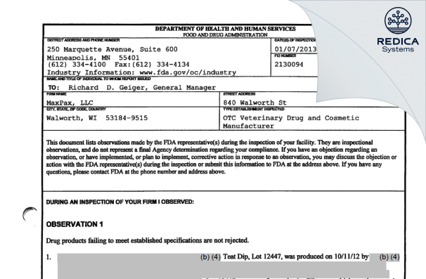 FDA 483 - Maxpax, LLC [Elkhorn / United States of America] - Download PDF - Redica Systems