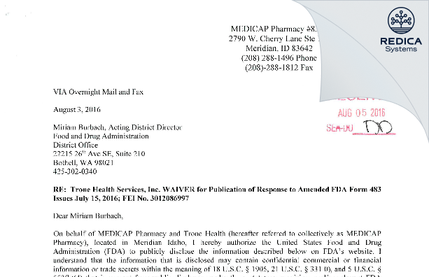 FDA 483 Response - Trone Health Services, Inc. [Meridian / United States of America] - Download PDF - Redica Systems