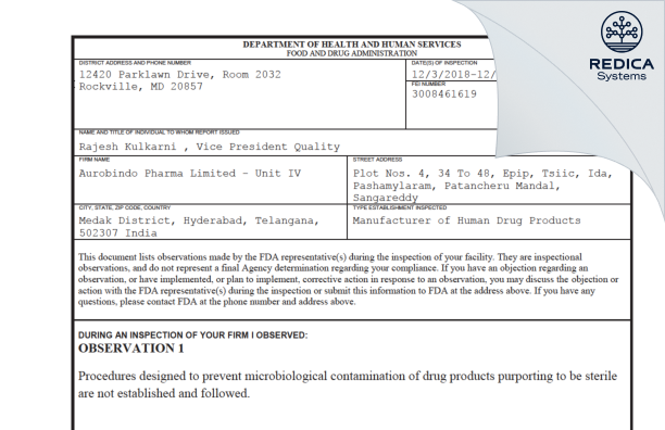 FDA 483 - Eugia Pharma Specialities Limited [India / India] - Download PDF - Redica Systems