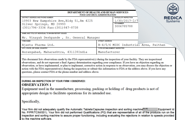 FDA 483 - Ajanta Pharma Limited [India / India] - Download PDF - Redica Systems