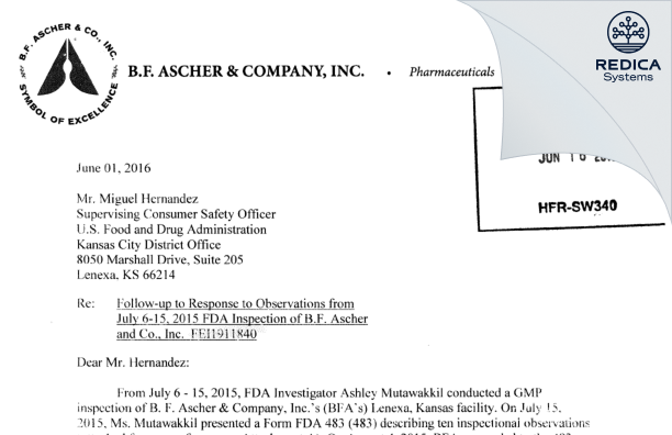 FDA 483 Response - BF ASCHER AND CO INC [Lenexa / United States of America] - Download PDF - Redica Systems
