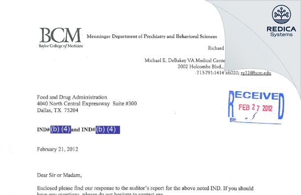 FDA 483 Response - Richard De La Garza, II, Ph.D [Houston / United States of America] - Download PDF - Redica Systems