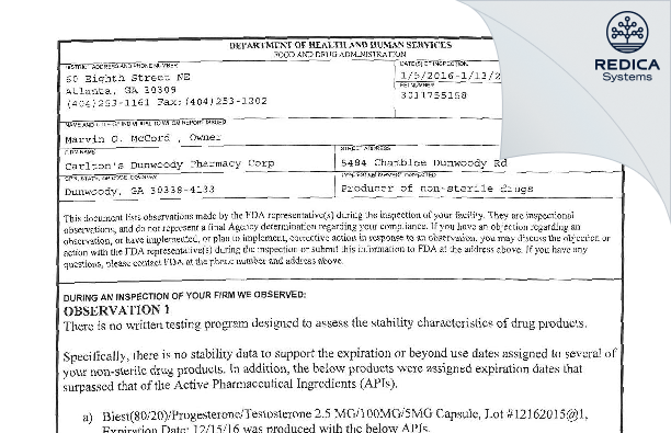 FDA 483 - Concord, Inc. dba Carlton's Dunwoody Pharmacy [Dunwoody / United States of America] - Download PDF - Redica Systems