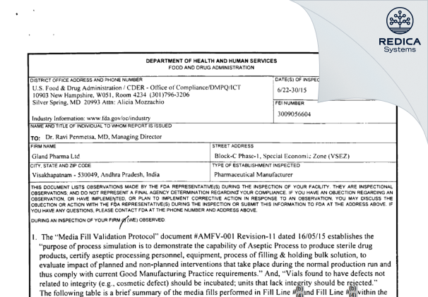 FDA 483 - Gland Pharma Limited [India / India] - Download PDF - Redica Systems