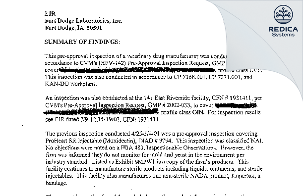 EIR - Boehringer Ingelheim Vetmedica Inc. [Fort Dodge / United States of America] - Download PDF - Redica Systems