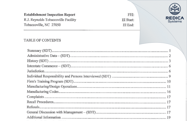 EIR - R. J. Reynolds Tobacco Company [Tobaccoville / United States of America] - Download PDF - Redica Systems