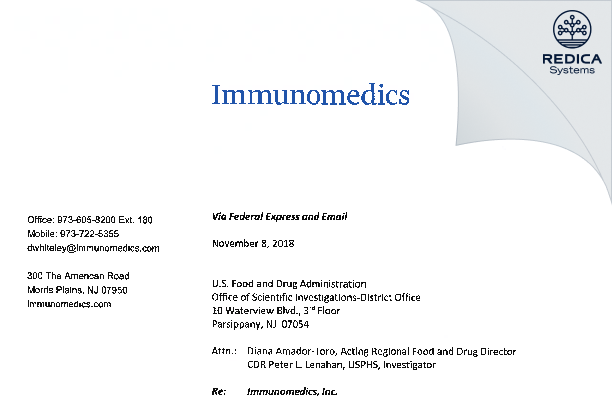 FDA 483 Response - Immunomedics, Inc. [Jersey / United States of America] - Download PDF - Redica Systems