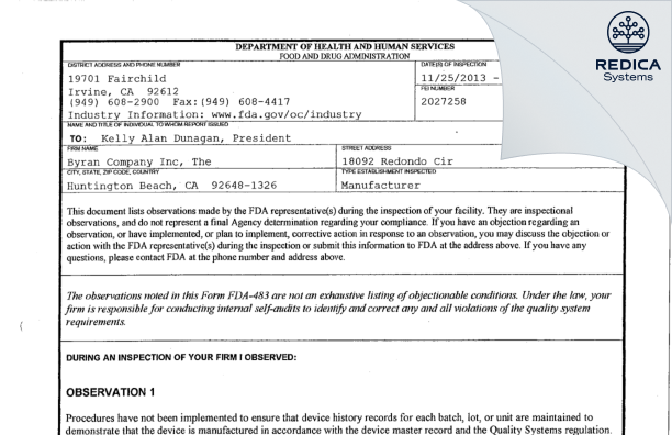 FDA 483 - Byran Company Inc, The [Huntington Beach / United States of America] - Download PDF - Redica Systems