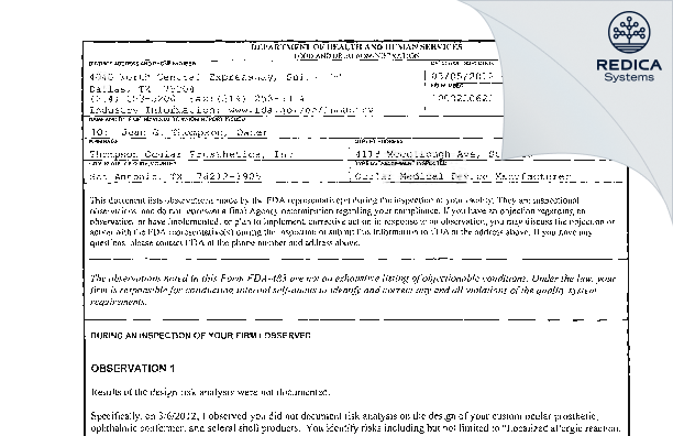 FDA 483 - Thompson Ocular Prosthetics, Inc [San Antonio / United States of America] - Download PDF - Redica Systems