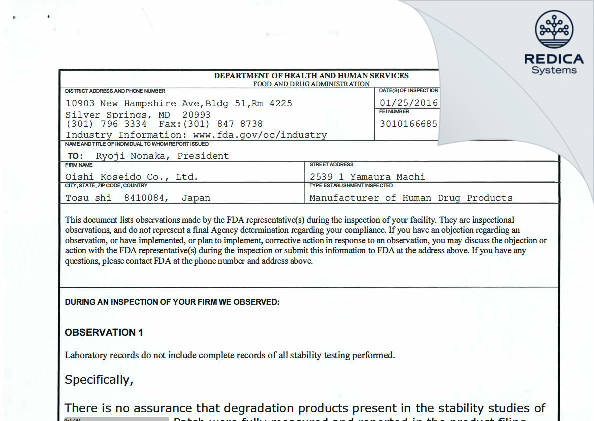 FDA 483 - Oishi Koseido Co., Ltd. [Tosu Saga / Japan] - Download PDF - Redica Systems