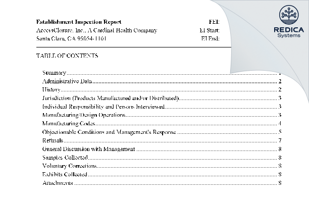 EIR - AccessClosure, Inc., A Cardinal Health Company [Santa Clara / United States of America] - Download PDF - Redica Systems