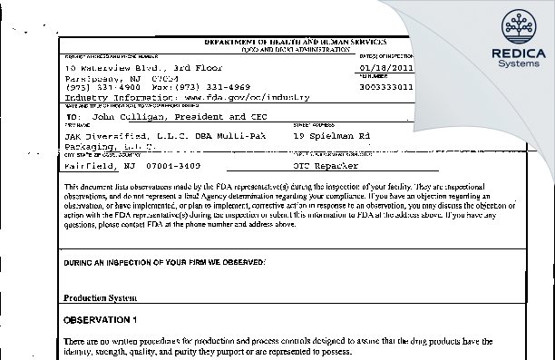 FDA 483 - JAK Diversified II, Inc. dba Multi-Pak Packaging [Jersey / United States of America] - Download PDF - Redica Systems