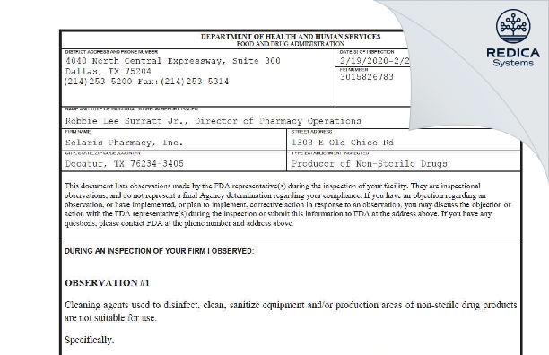 FDA 483 - Solaris Pharmacy, Inc. [Decatur / United States of America] - Download PDF - Redica Systems