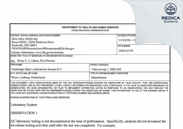 FDA 483 - Symeres Netherlands BV [Nk / Netherlands] - Download PDF - Redica Systems