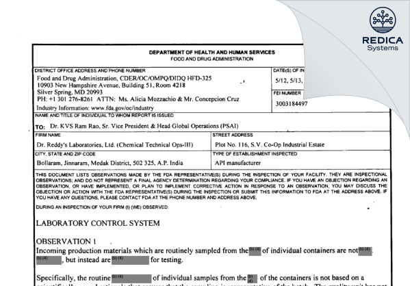FDA 483 - DR. REDDY'S LABORATORIES LIMITED [Sangareddy / India] - Download PDF - Redica Systems