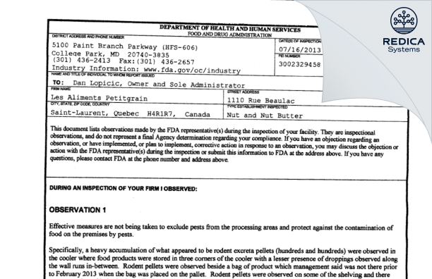 FDA 483 - Les Aliments Petitgrain [Saint-Laurent / Canada] - Download PDF - Redica Systems