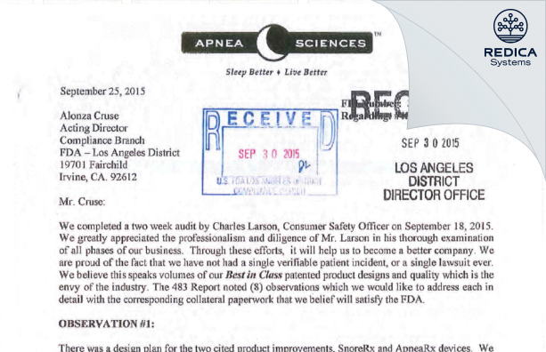FDA 483 Response - Apnea Sciences Corporation [Aliso Viejo / United States of America] - Download PDF - Redica Systems